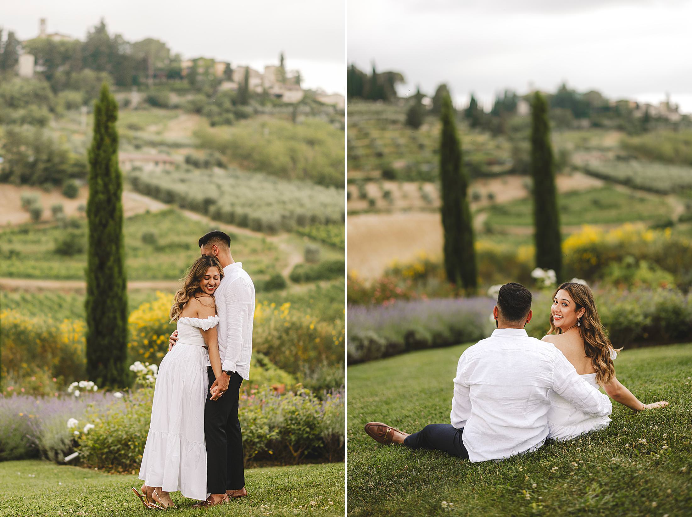 Emotional and lovely engagement couple shoot in the heart of Chianti countryside at relais Borgo del Cabreo