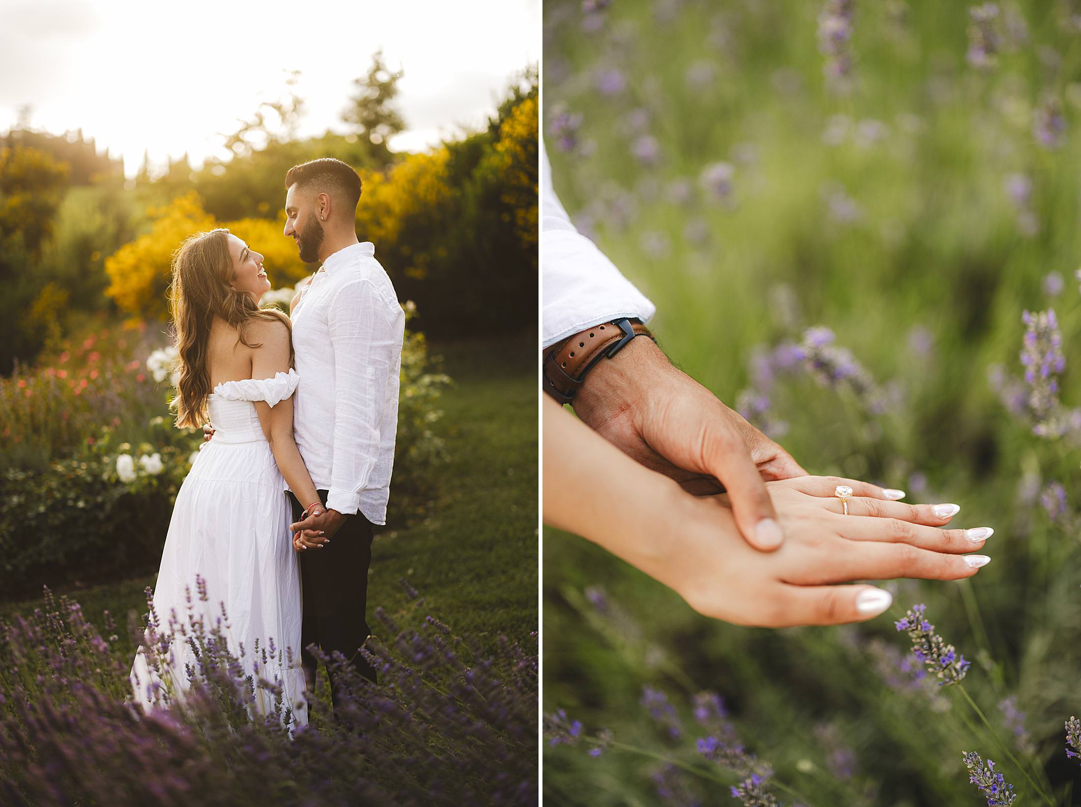 Romantic couple photo session in Chianti countryside during golden hour at Borgo del Cabreo