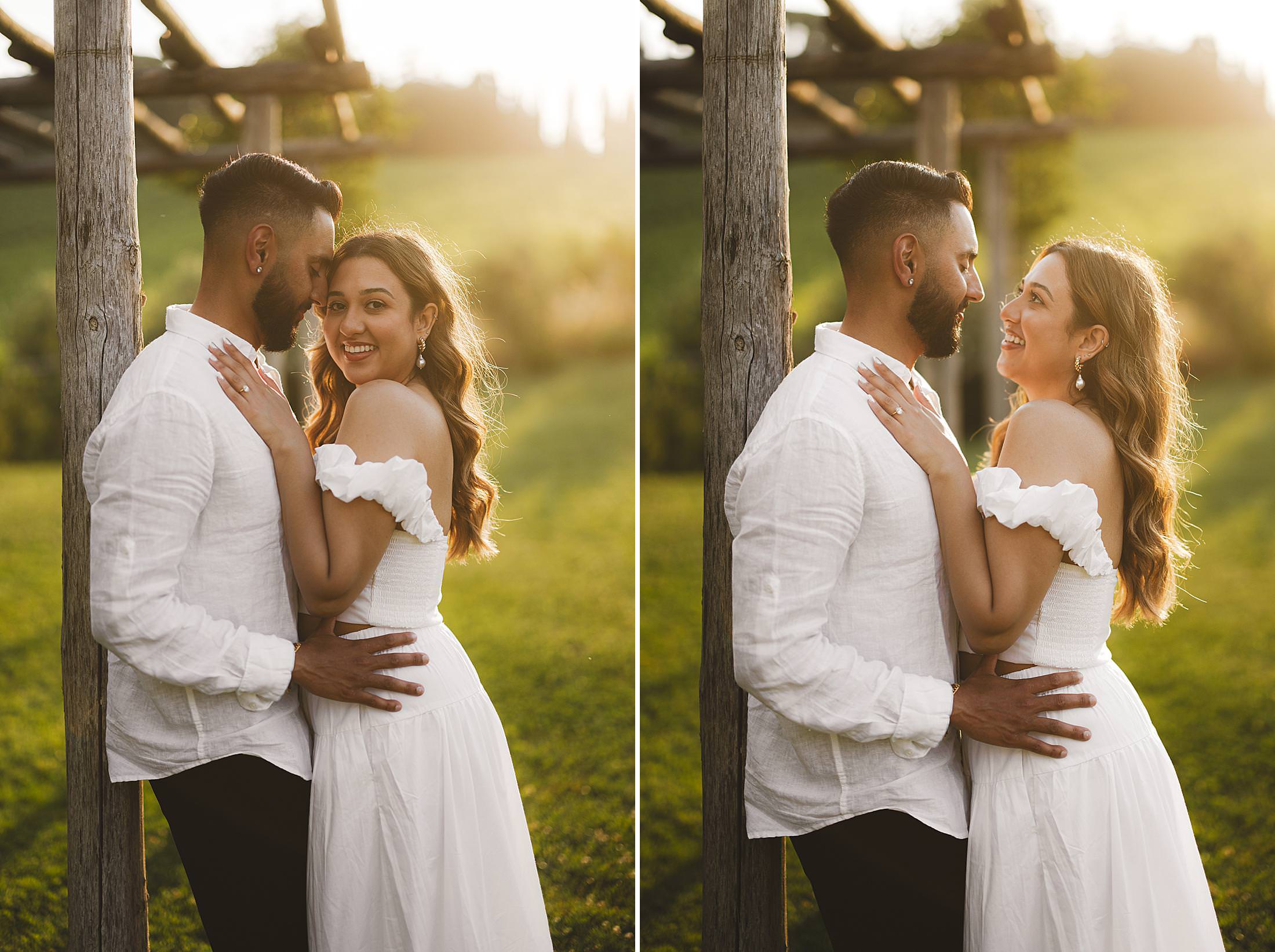 Romantic engagement session during golden hour at Borgo del Cabreo venue in the heart of Chianti countryside