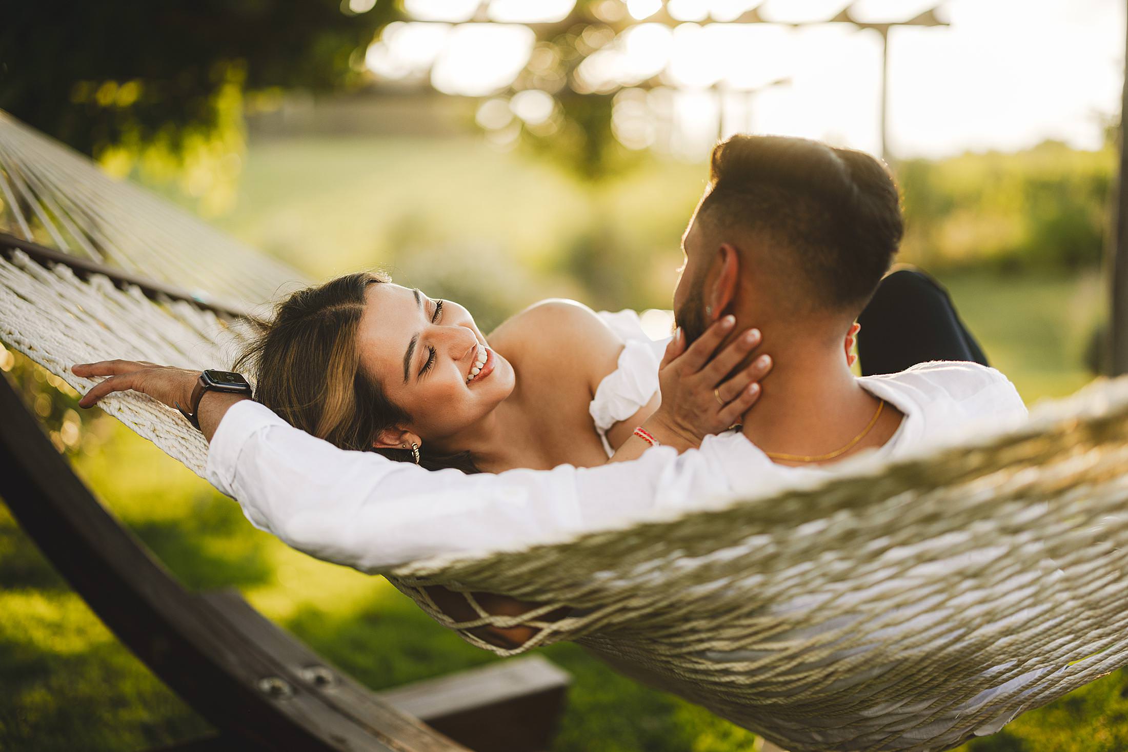 Unforgettable romantic couple photo shoot during golden hour at charming relais of Borgo del Cabreo