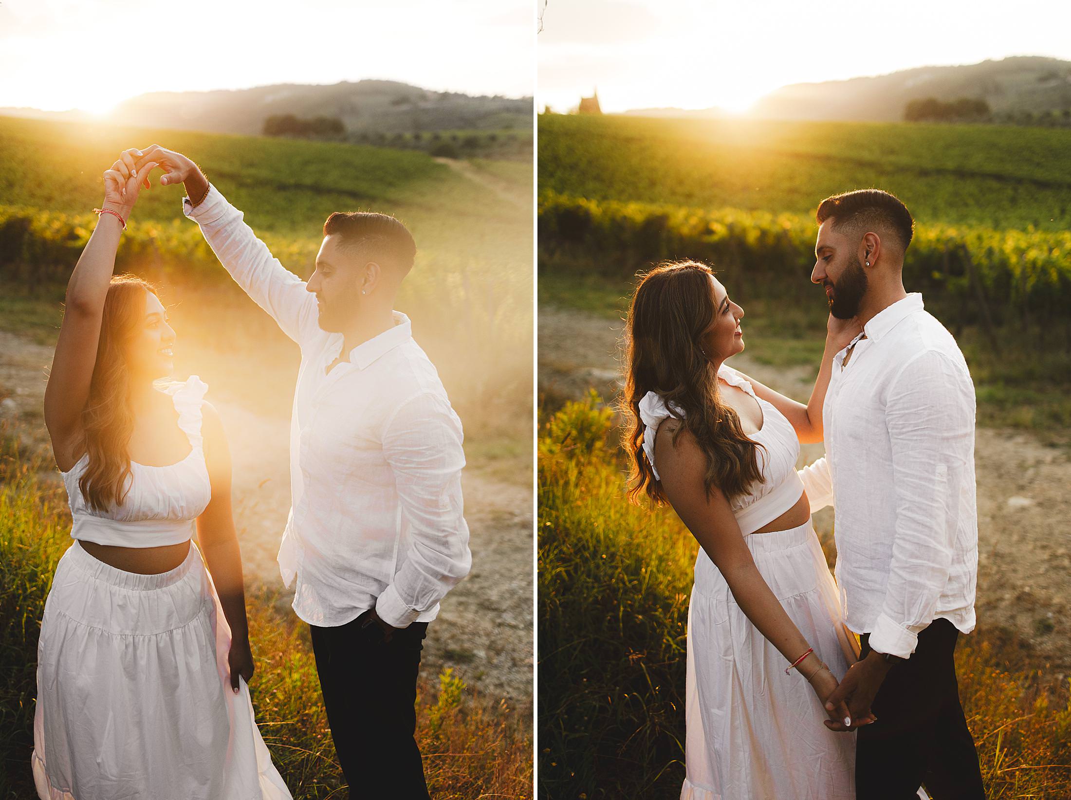 Unforgettable engagement proposal photo shoot in golden hour Chianti countryside with vineyard as background