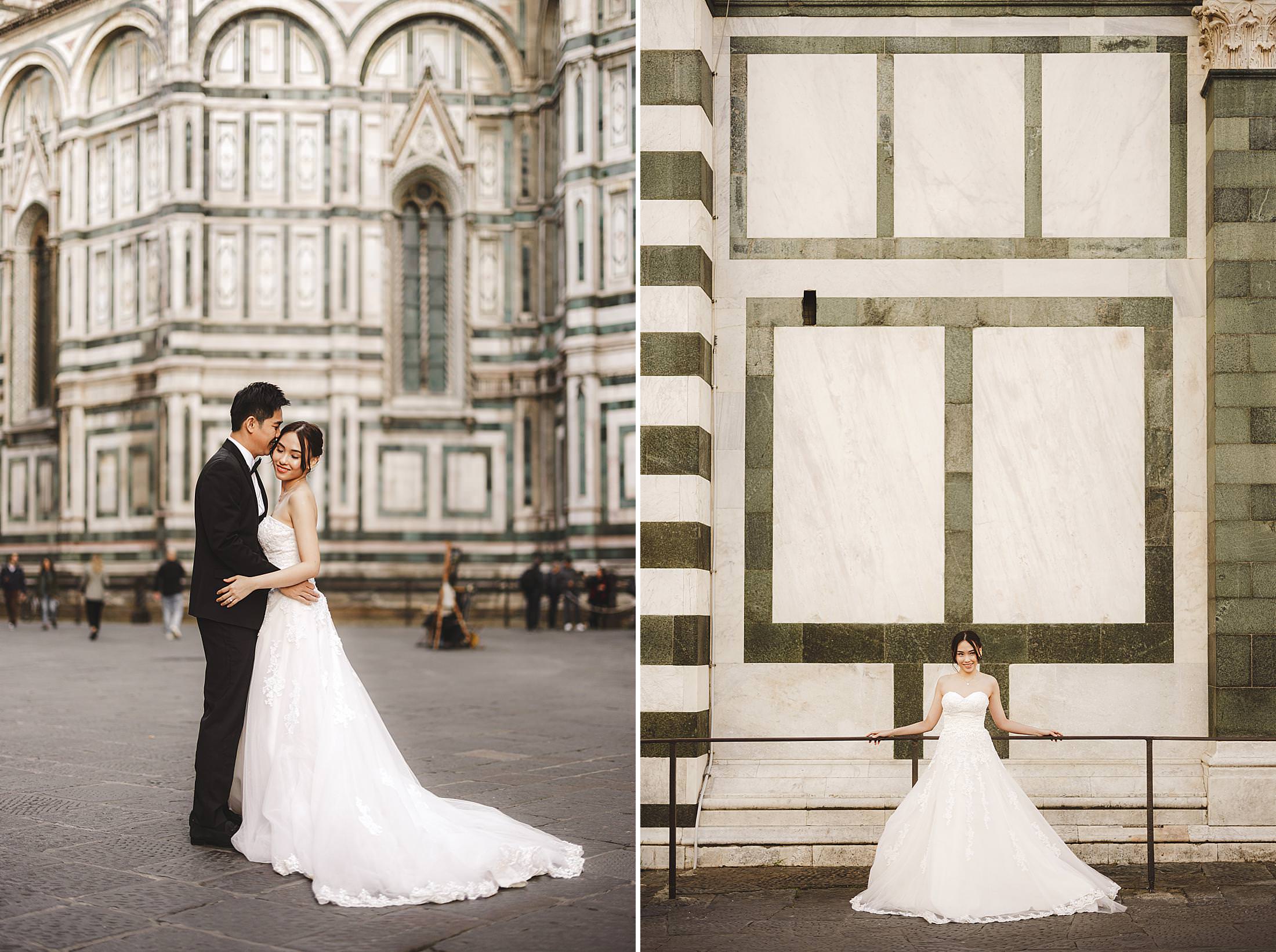 Romantic and elegant pre-wedding couple photo session into characteristic streets surrounding the Duomo