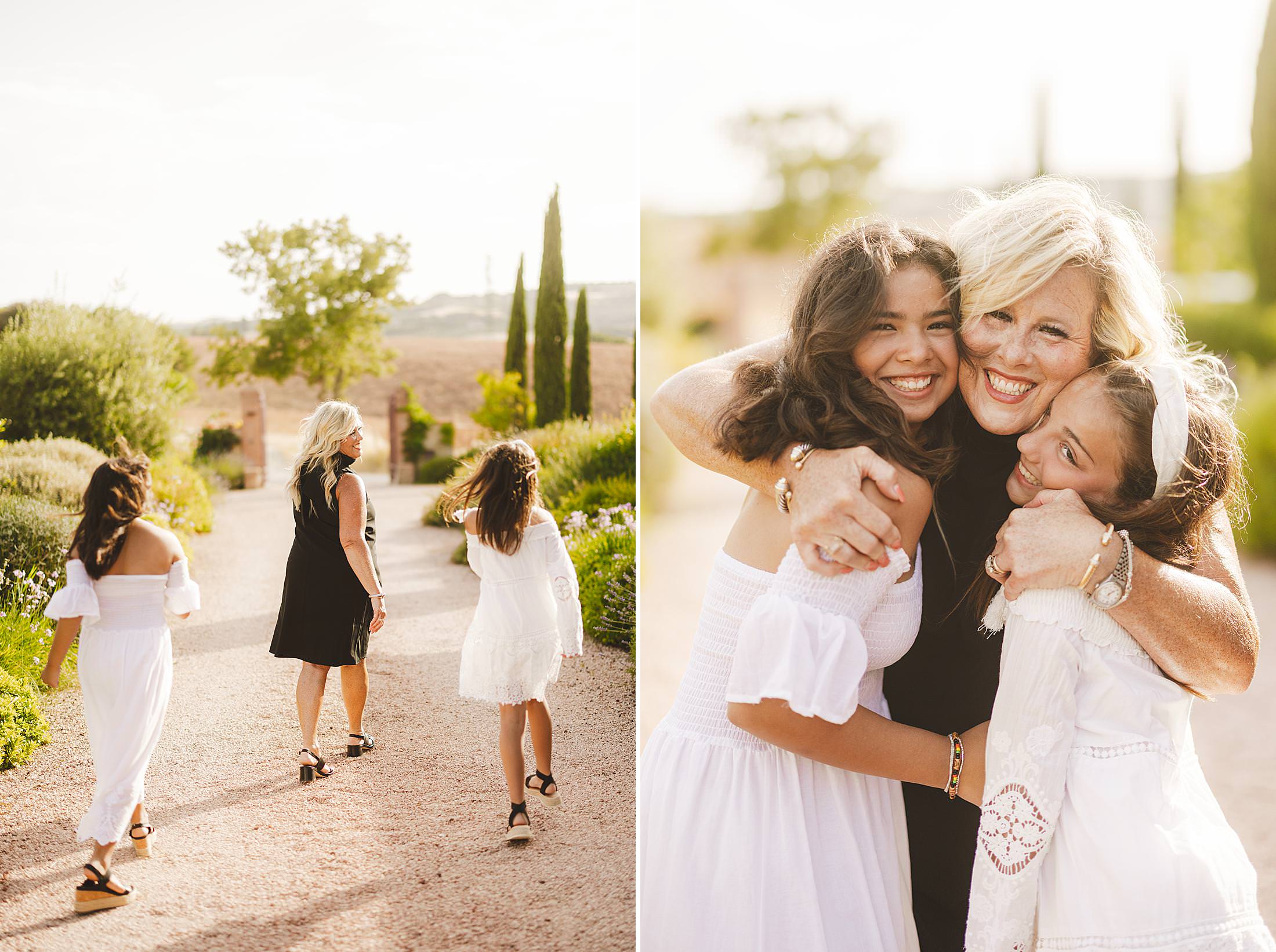 Exciting candid family photos with dreaming rolling hills of Tuscany countryside