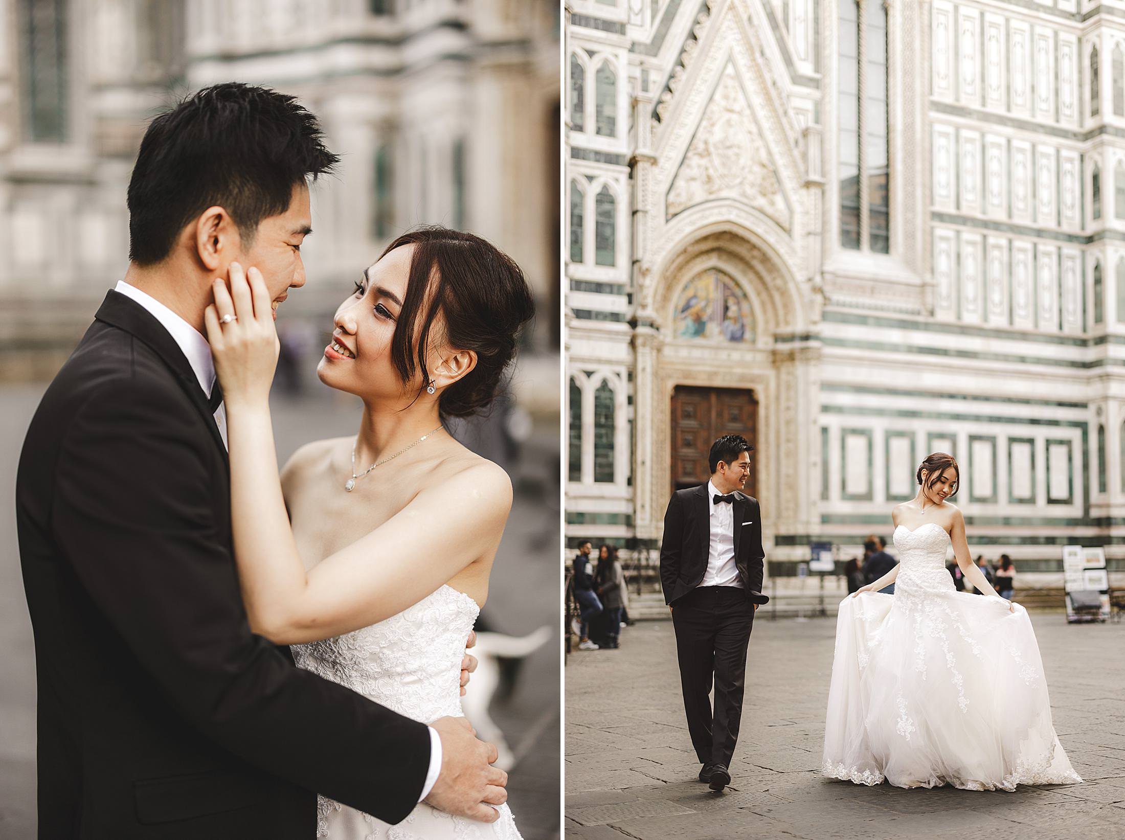 Romantic and elegant pre-wedding couple photo session into characteristic streets surrounding the Duomo