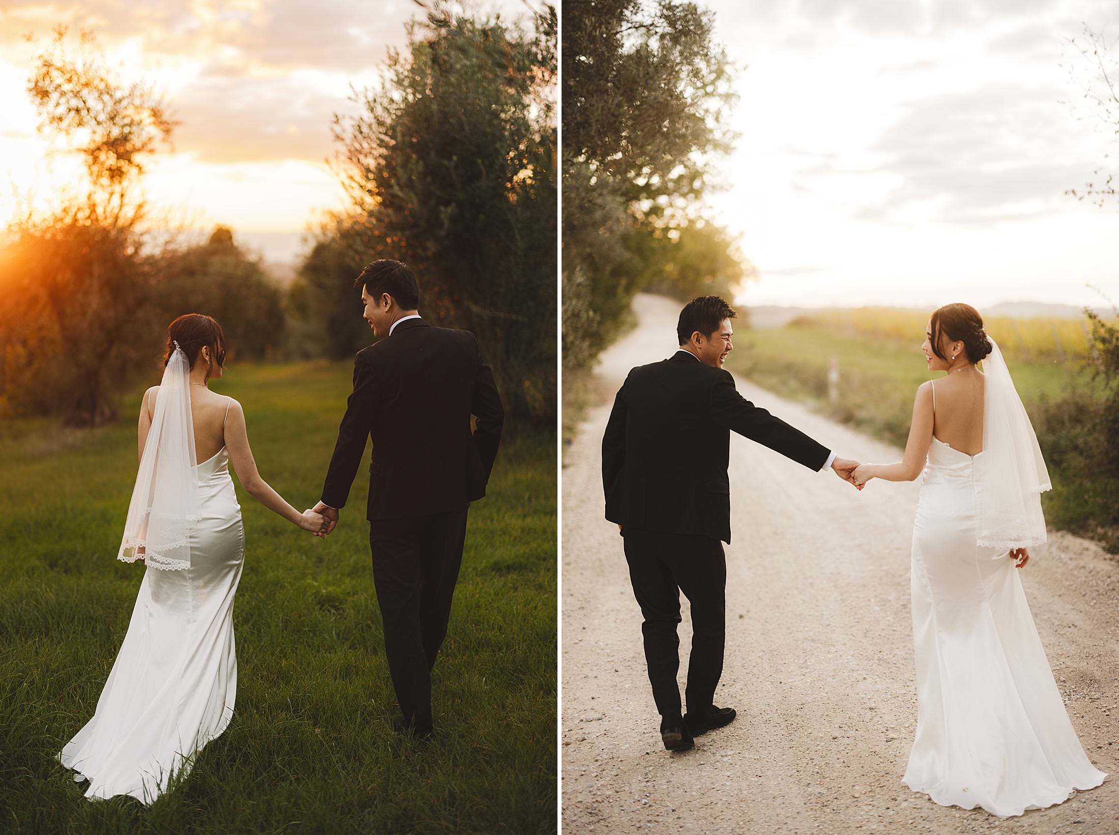 Candid bride and groom pre-wedding photo session in the charming area of the Chianti countryside during golden hour